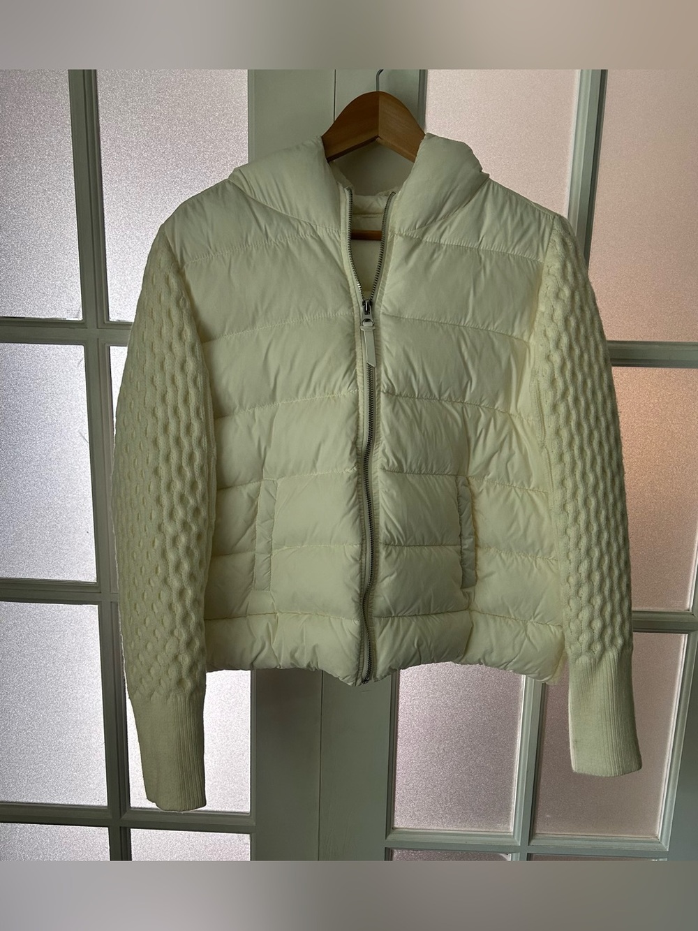 Rachel Zoe Cream Quilted Puffer Jacket with Knit Sleeves